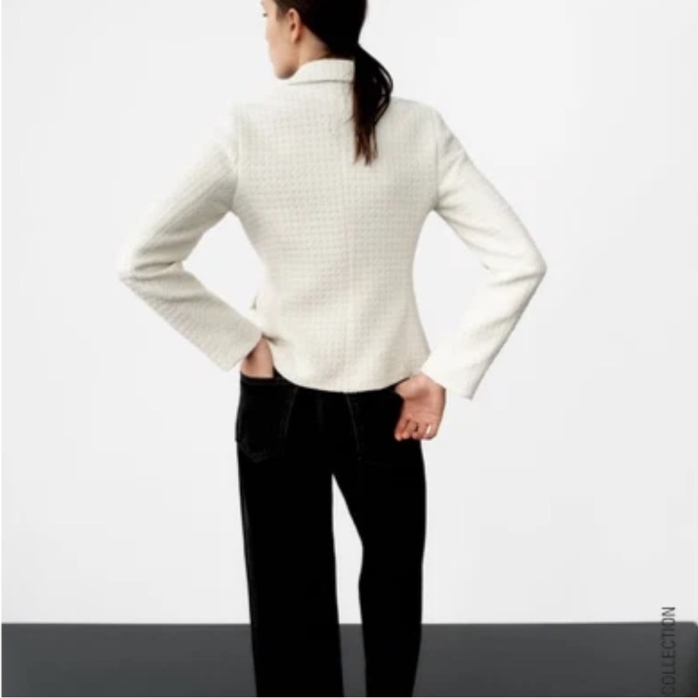 NWT Zara Cream Wool Blend Tweed Texture Blazer Boucle Rhinestone Buttons Sz L - Picture 3 of 15